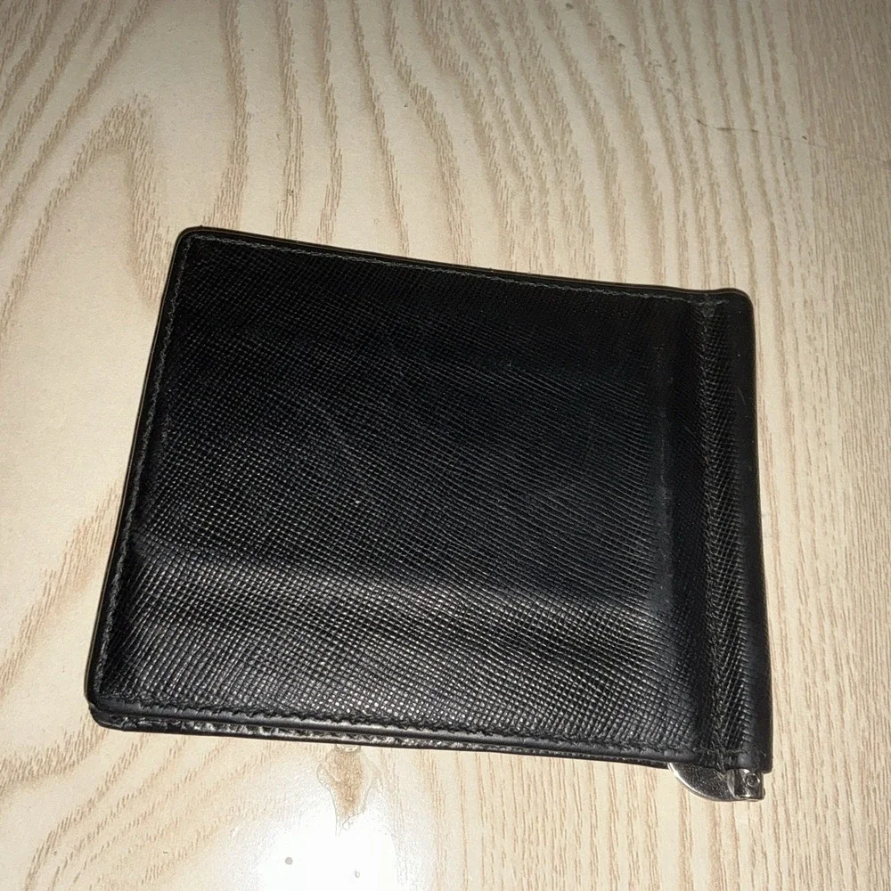 PRADA Saffiano Money Clip Bifold‎ Wallet Card Case Black Leather Authentic